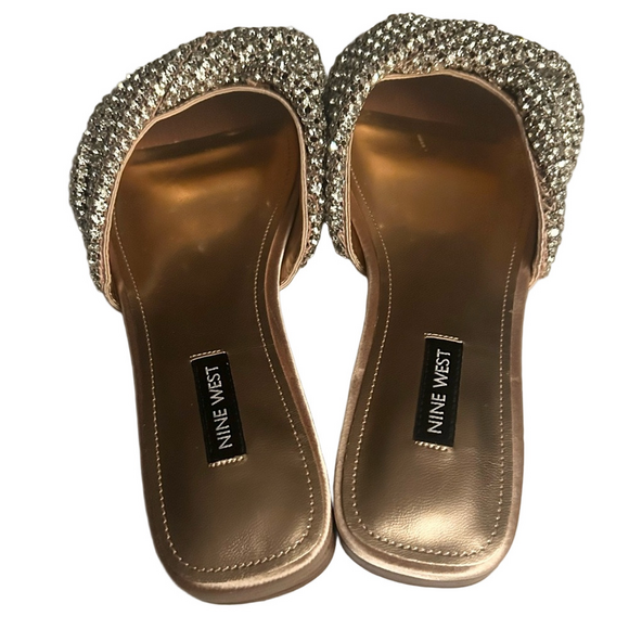 Nine West Metallic Gold Crystal Embellished Dress Sandals - Picture 3 of 6